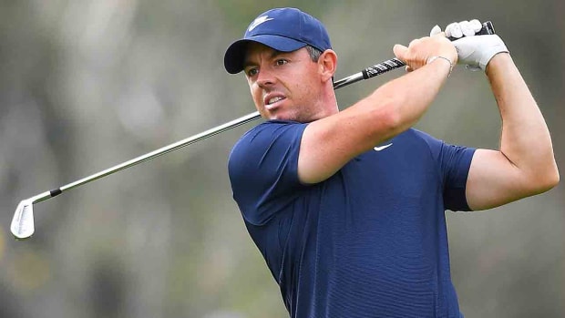 Rory McIlroy watches his shot on the 10th hole during the final round of the 2024 Genesis Invitational at Riviera Country Club in Pacific Palisades, Calif.